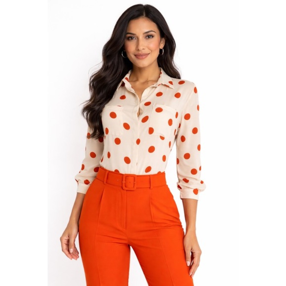 Ann Taylor LOFT  Orange Polka Dot Button‎ Down Blouse Long Sleeve Cream S 55-43